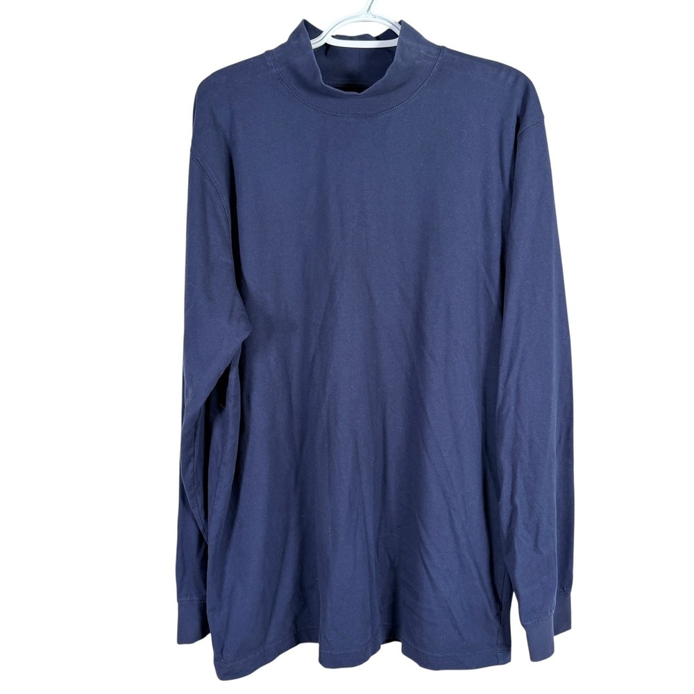 LL Bean Carefree Unshrinkable Mock Neck Shirt Mens LT Navy Blue‎ Cotton 508087